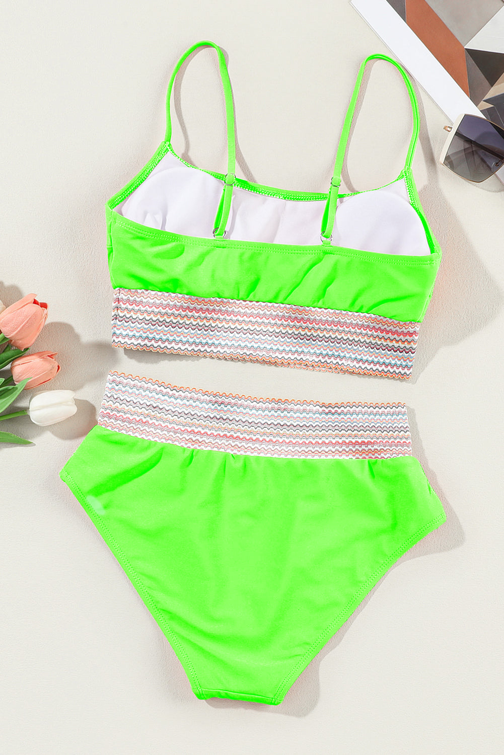 Green Striped Patchwork Spaghetti Strap High Waist Bikini Swimsuit High Waisted Swimsuit JT's Designer Fashion