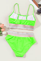 Green Striped Patchwork Spaghetti Strap High Waist Bikini Swimsuit High Waisted Swimsuit JT's Designer Fashion