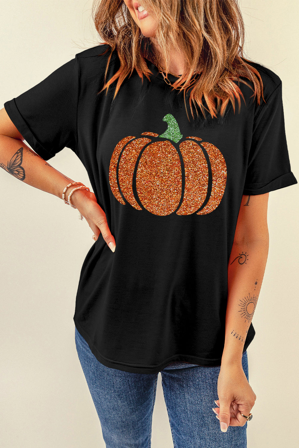Black Glittering Pumpkin Graphic Halloween T Shirt Graphic Tees JT's Designer Fashion