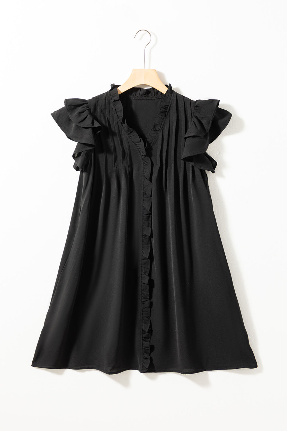 Black Ruffle Sleeve V Neck Frilled Shift Dress Mini Dresses JT's Designer Fashion