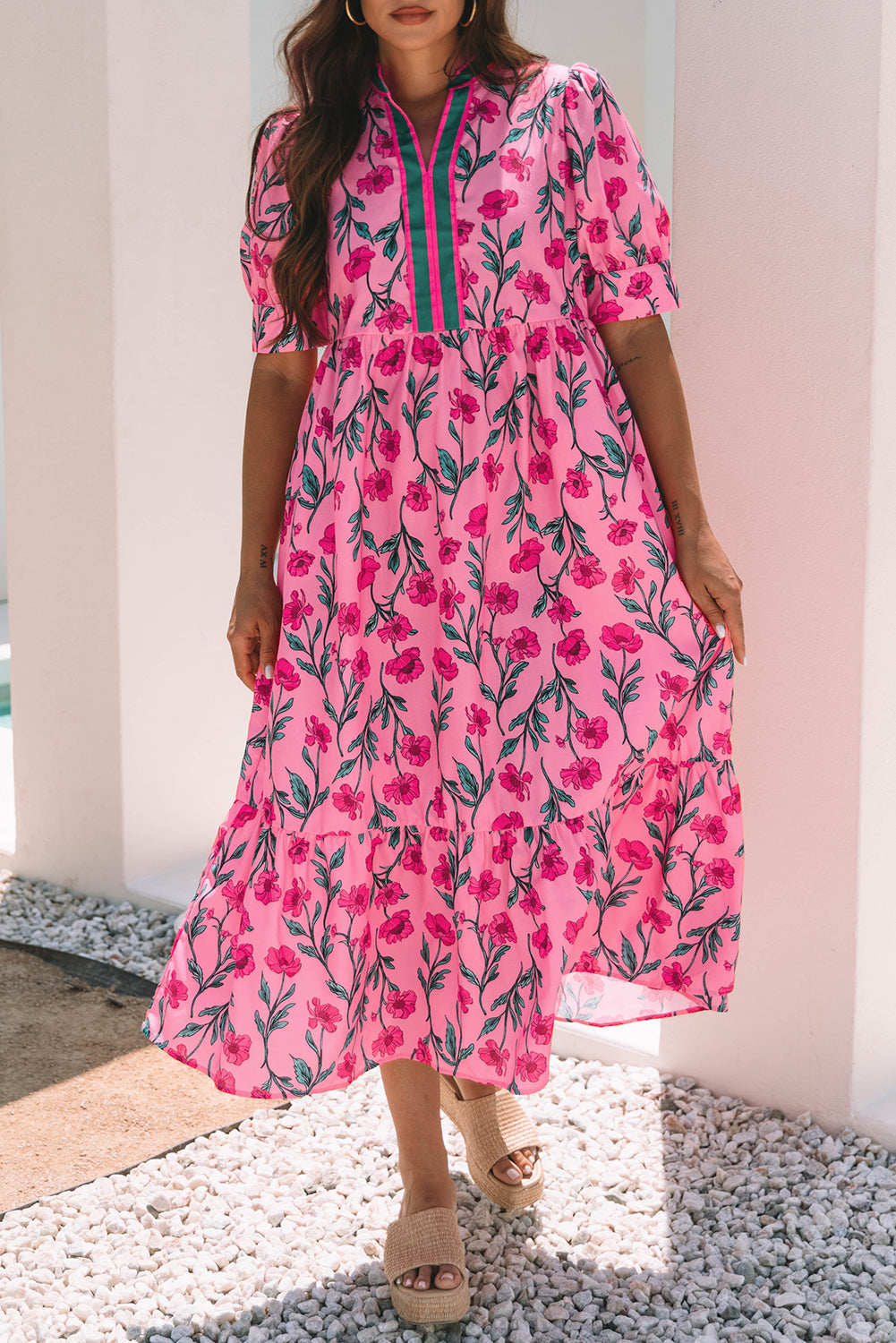 Pink Floral Contrast Neckline A-line Puff Sleeve Long Dress Maxi Dresses JT's Designer Fashion