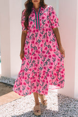 Pink Floral Contrast Neckline A-line Puff Sleeve Long Dress Maxi Dresses JT's Designer Fashion