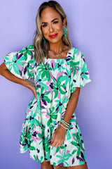 Green Floral Print Shirred Square Neck Loose Fit Mini Dress Floral Dresses JT's Designer Fashion