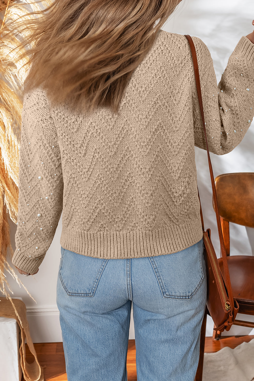 Smoke Gray Pearl Embellished Button Front V Neck Sweater Cardigan Cardigans JT's Designer Fashion