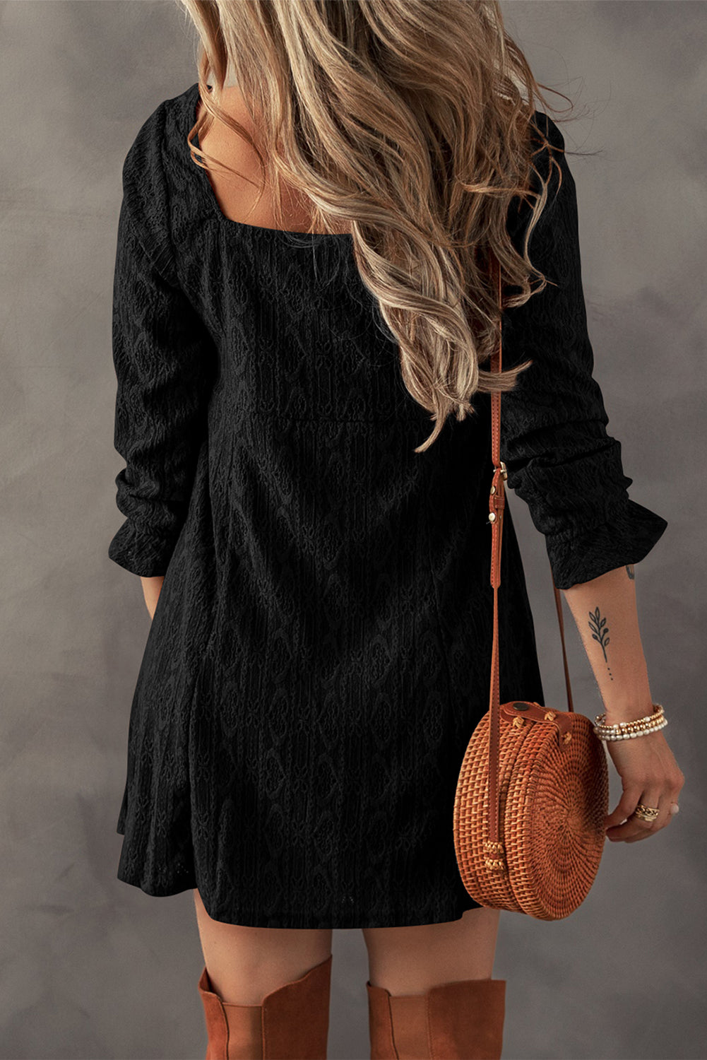 Black Lace Crochet Buttoned Square Neck Shift Mini Dress Mini Dresses JT's Designer Fashion