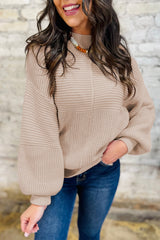 Parchment Mixed Texture Patchwork Knitted Puff Sleeve Sweater Sweaters JT's Designer Fashion