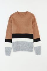 Brown Color Block Striped Ribbed Knit Sweater Sweaters JT's Designer Fashion