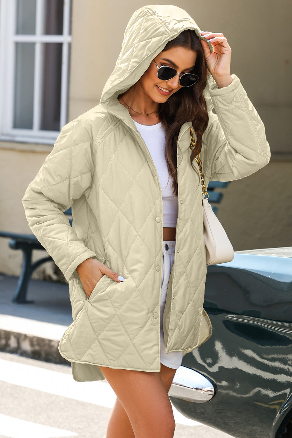 Beige Quilted Snap Button Hooded Coat Coats JT's Designer Fashion