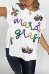 White Mardi Gras Tinsel Sequin Graphic T Shirt Graphic Tees JT's Designer Fashion