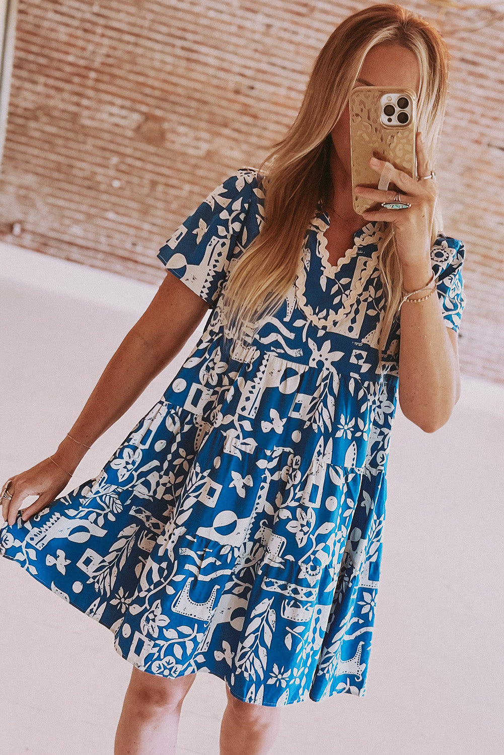 Blue Ricrac Trim Split Neck Floral Loose Dress Floral Dresses JT's Designer Fashion