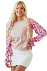Oatmeal Floral Printed Patchwork Smocked Lantern Sleeve Knit Top Sweaters JT's Designer Fashion