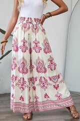 Rose Boho Printed Shirred High Waist Flowy Wide Leg Pants Pants & Culotte JT's Designer Fashion