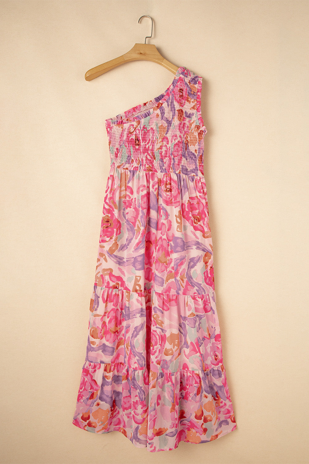 Pink Abstract Floral Print Shirred One Shoulder Maxi Dress Floral Dresses JT's Designer Fashion