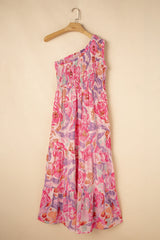 Pink Abstract Floral Print Shirred One Shoulder Maxi Dress Floral Dresses JT's Designer Fashion