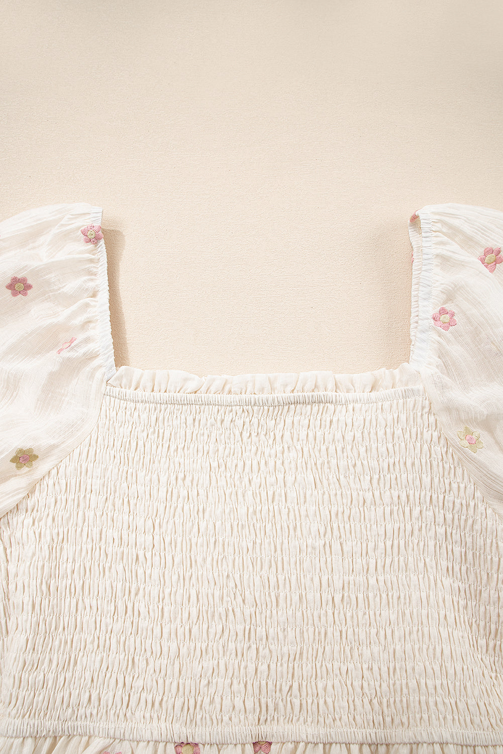 Beige Embroidered Flower Smocked Bust Half Puff Sleeve Empire Waist Textured Flowy Dress Mini Dresses JT's Designer Fashion