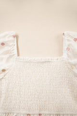 Beige Embroidered Flower Smocked Bust Half Puff Sleeve Empire Waist Textured Flowy Dress Mini Dresses JT's Designer Fashion