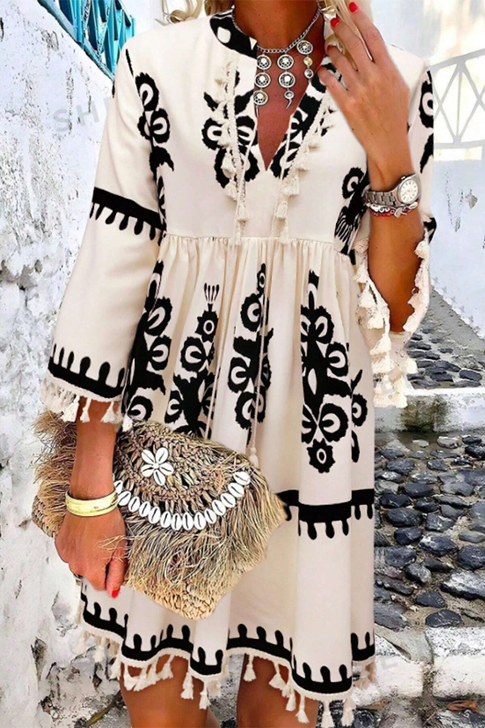 Beige Western Pattern Print Tasseled Notch V Neck Mini Dress Mini Dresses JT's Designer Fashion