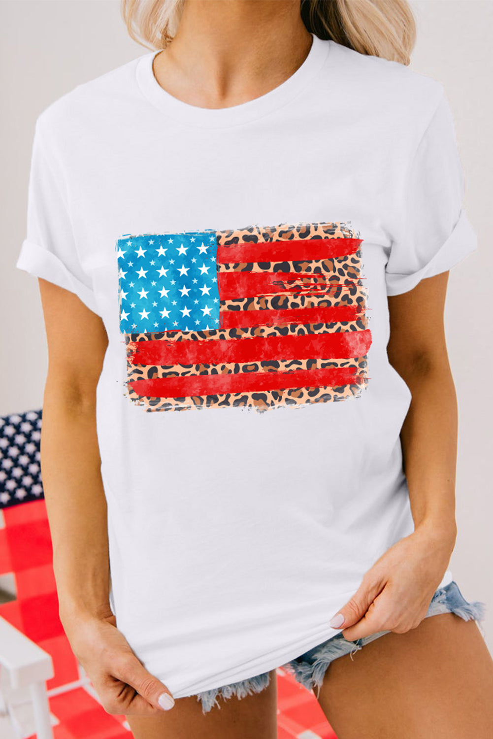 White Leopard Insert American Flag Pattern Cotton Blend T Shirt Graphic Tees JT's Designer Fashion