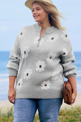 Gray Plus Size Embroidered Floral Pattern Half Zip Sweater Plus Size Sweaters & Cardigans JT's Designer Fashion