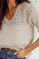 Brown Eyelet Pattern Detail V Neck Drop Shoulder Sweater Sweaters JT's Designer Fashion