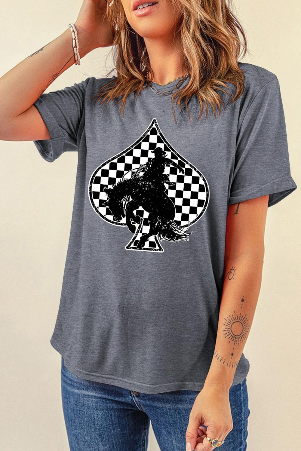 Gray Redeo Check Spades Western Graphic T Shirt Graphic Tees JT's Designer Fashion