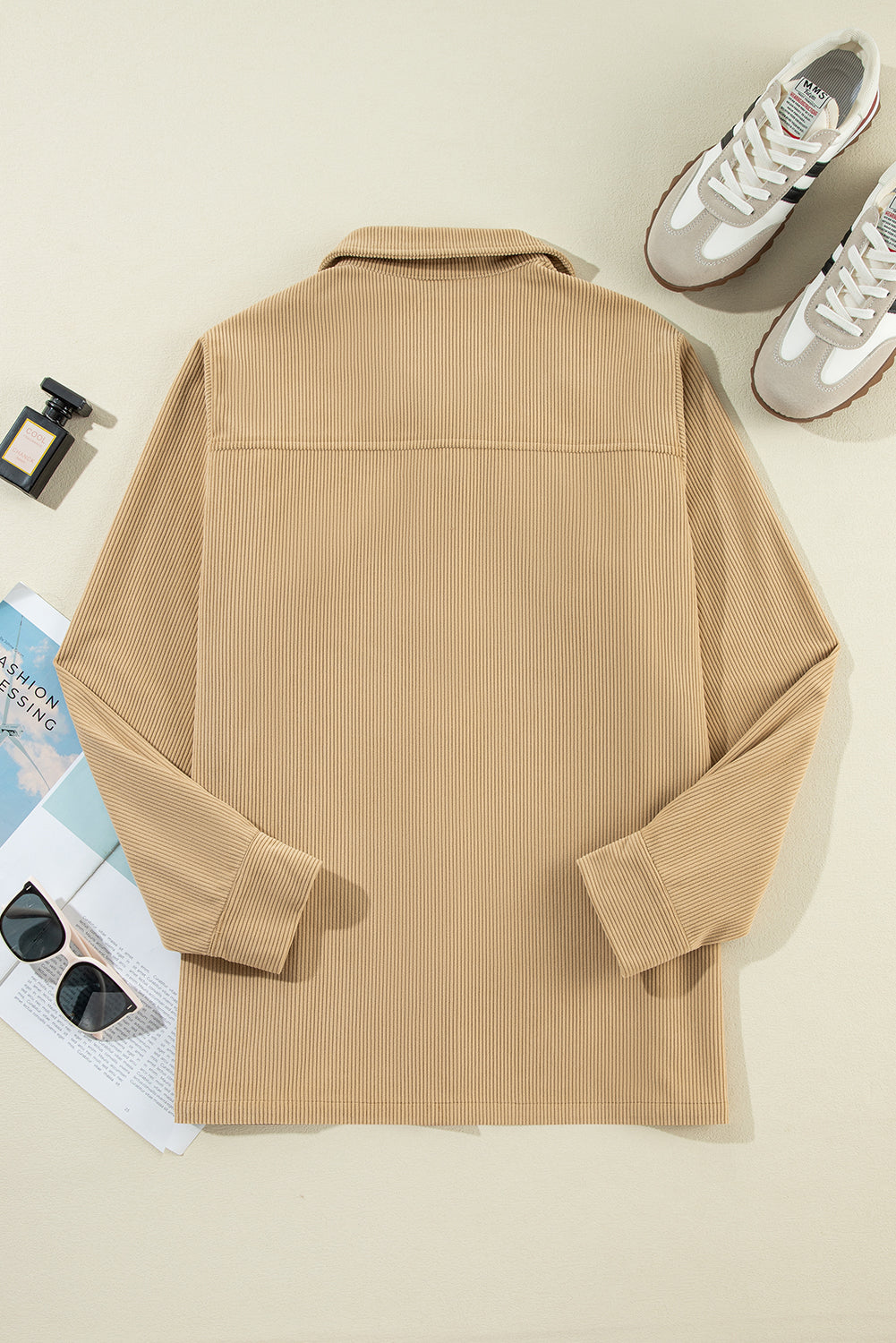 Light French Beige Solid Frilled Flap Pocket Button Up Corduroy Shacket Jackets JT's Designer Fashion