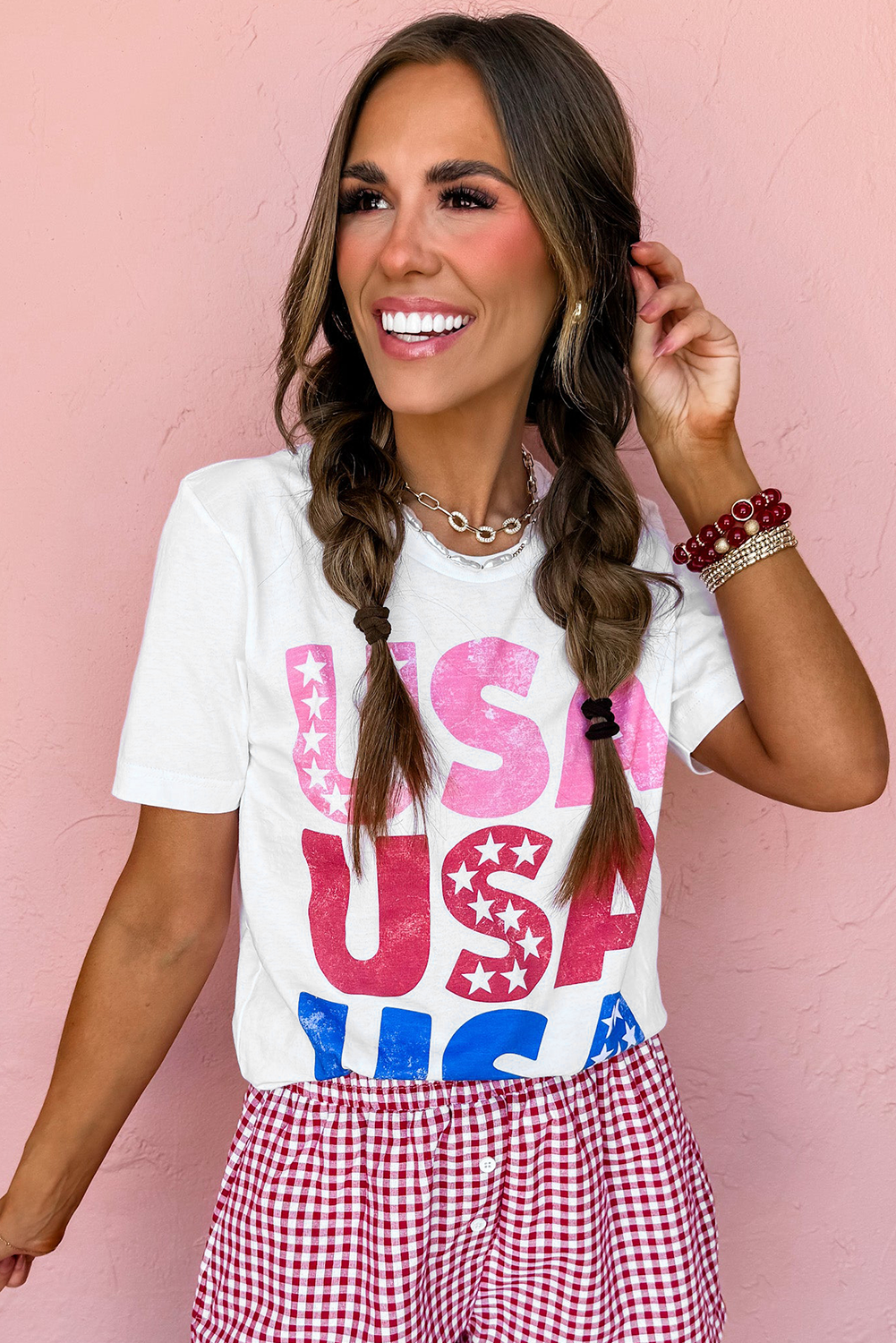 White USA Starry Letter Graphic Cotton Blend T Shirt Graphic Tees JT's Designer Fashion