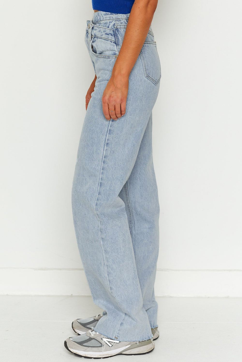 Sky Blue Mid Rise Asymmetrical Waist Wide Leg Jeans Jeans JT's Designer Fashion