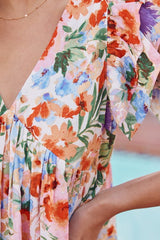 Pink Floral Double Ruffle Sleeve V Neck High Waist Mini Dress Floral Dresses JT's Designer Fashion