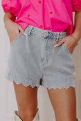 Dusk Blue Scalloped Hemline Acid Wash High Waist Denim Shorts Dusk Blue 72%Cotton+26%Polyester+2%Elastane Denim Shorts JT's Designer Fashion