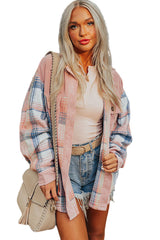 Light Pink Plaid Corduroy Patchwork Chest Pocket Shacket Plaid Shackets JT's Designer Fashion