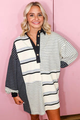 Black Stripe Colorblock Knit Henley Collar Shift Long Sleeve Mini Dress Mini Dresses JT's Designer Fashion
