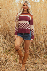 Brown Checkered Color Block Knitted Drop Shoulder Sweater Sweaters JT's Designer Fashion