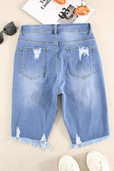 Sky Blue Ripped Tassel Bermuda Denim Shorts Denim Shorts JT's Designer Fashion