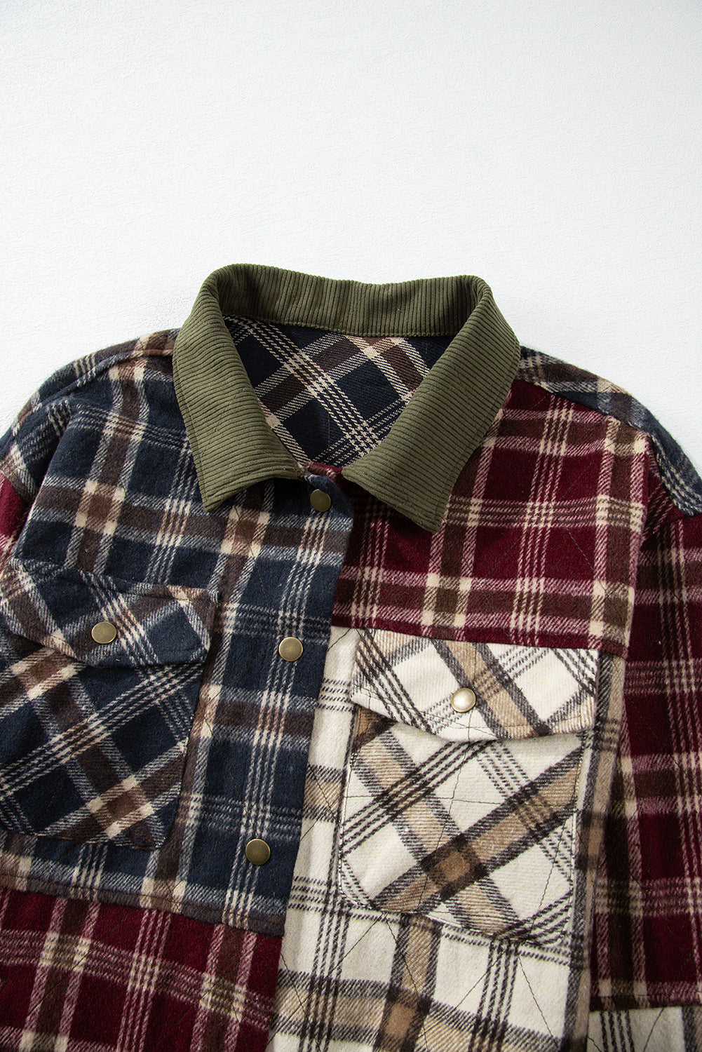 Red Mixed Plaid Patchwork Retro Shacket Plaid Shackets JT's Designer Fashion