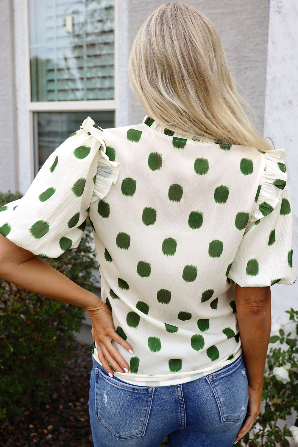Apricot Polka Dot Print Shirred Yoke Notched Neck Balloon Sleeve Blouse Blouses & Shirts JT's Designer Fashion