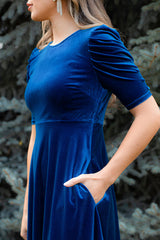 Sail Blue Velvet Ruched Short Sleeve Pocketed Mini Dress Mini Dresses JT's Designer Fashion