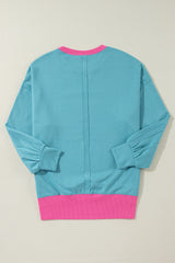 Light Blue Colorblock Patchwork Crew Neck Loose Sweatshirt Sweatshirts & Hoodies JT's Designer Fashion