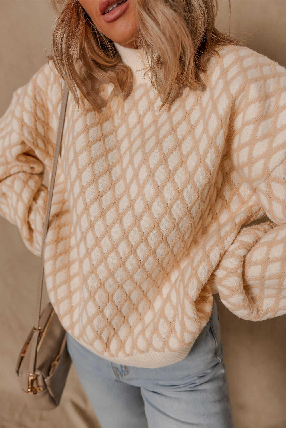 Smoke Gray Rhombus Textured Knit Mock Neck Sweater Sweaters JT's Designer Fashion