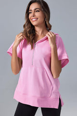 Bonbon Half Zipper Kangaroo Pocket Short Sleeve Hoodie Sweatshirts & Hoodies JT's Designer Fashion