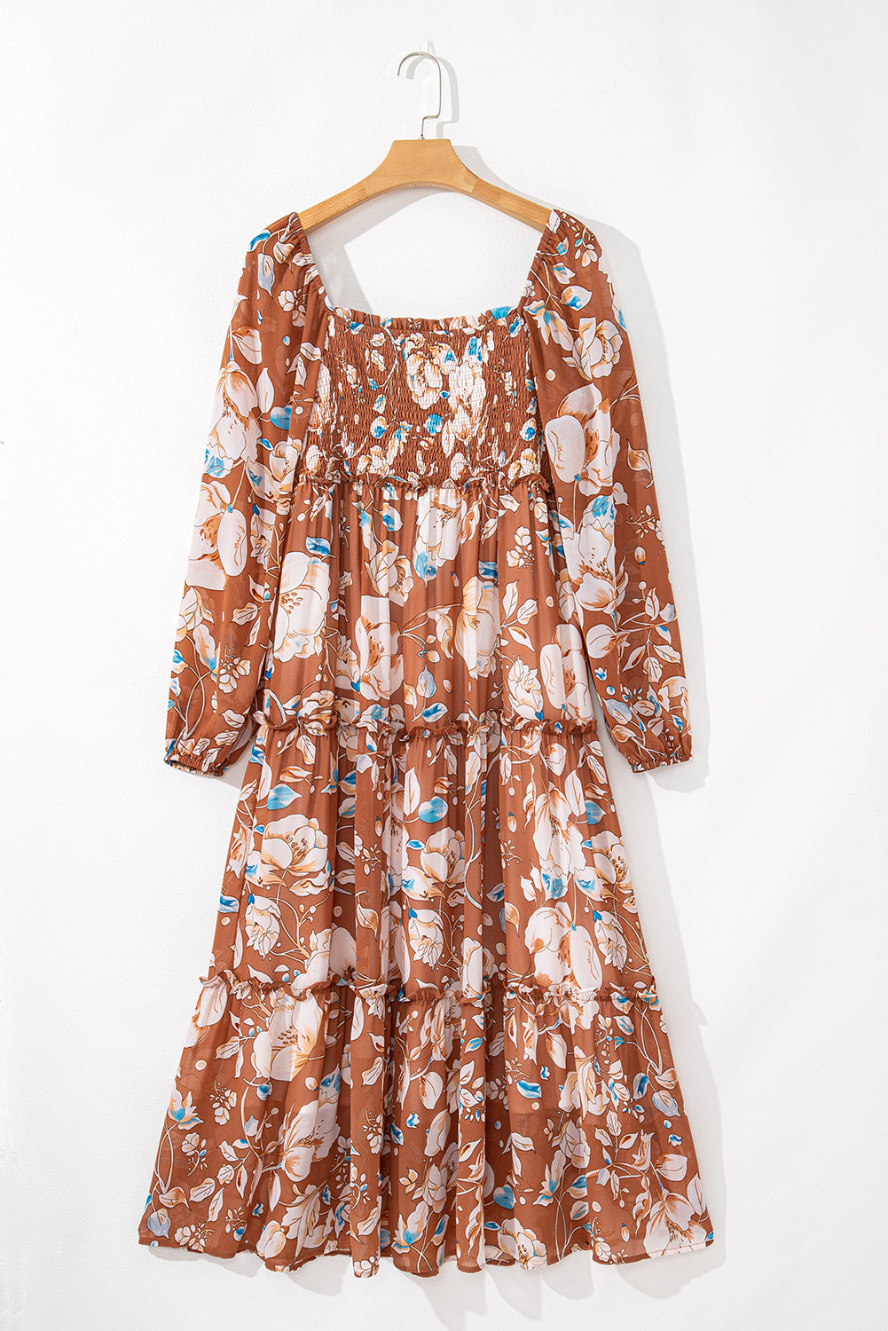 Brown Floral Print Shirred Square Neck High Waist Long Dress Maxi Dresses JT's Designer Fashion
