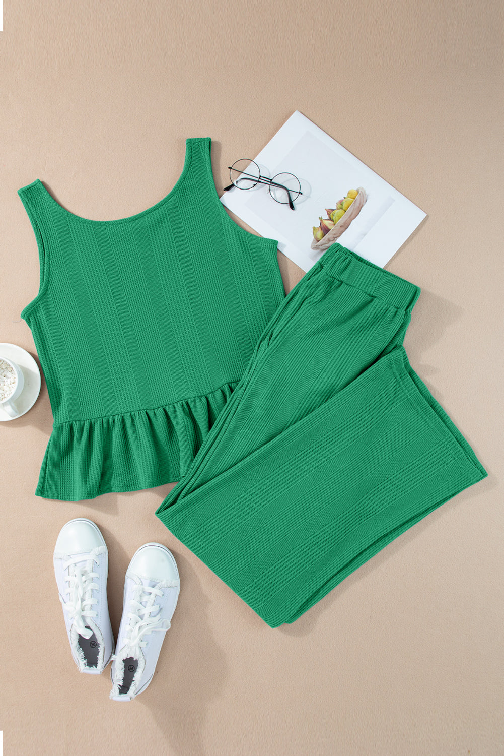 Green Solid Color Ribbed Ruffle Tank Top and Pants Set Pant Sets JT's Designer Fashion
