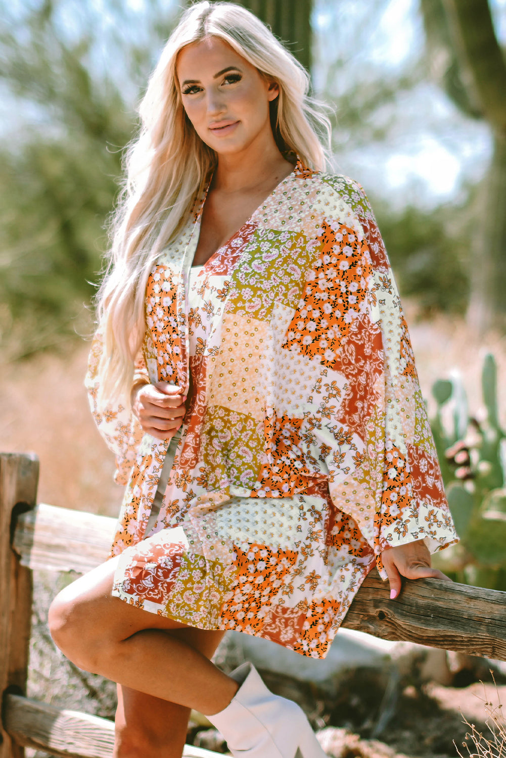 White Boho Patchwork Floral Open Front Kimono Kimonos JT's Designer Fashion