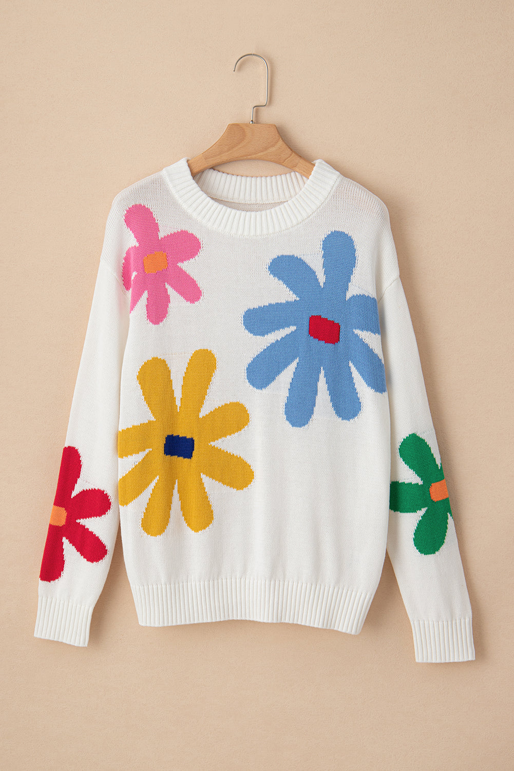 White Colorful Big Flower Pattern Crewneck Sweater Sweaters JT's Designer Fashion