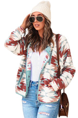 Fiery Red Western Aztec Buttoned Zipper Pockets Fleece Jacket Jackets JT's Designer Fashion