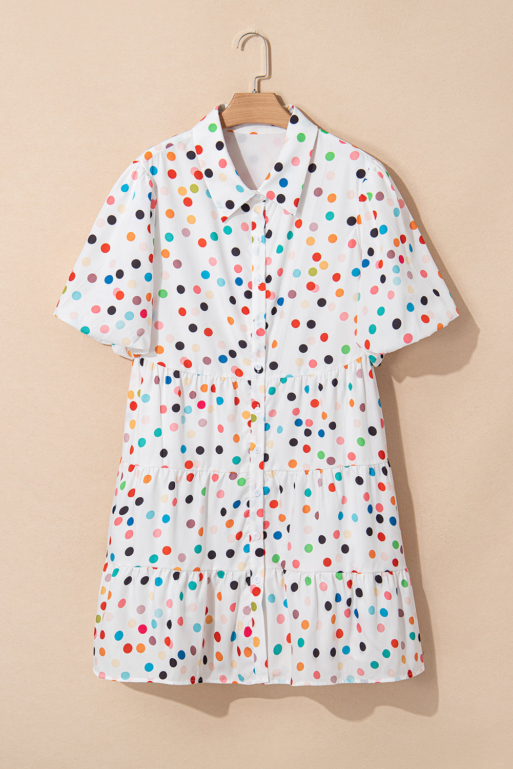 White Polka Dot Print Bubble Sleeve Button Up Plus Size Shirt Dress Plus Size Mini Dresses JT's Designer Fashion
