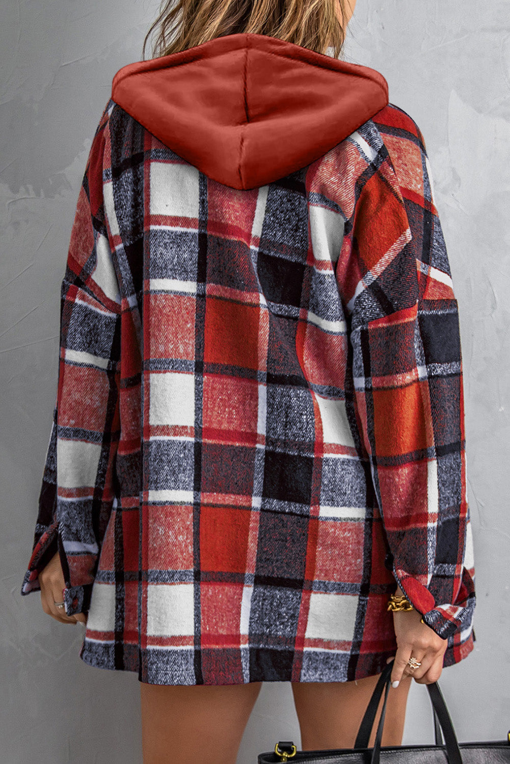 Fiery Red Hooded Plaid Button Front Shacket Plaid Shackets JT's Designer Fashion