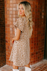 Khaki Abstract Print V Neck Short Sleeve Shift T Shirt Dress T Shirt Dresses JT's Designer Fashion