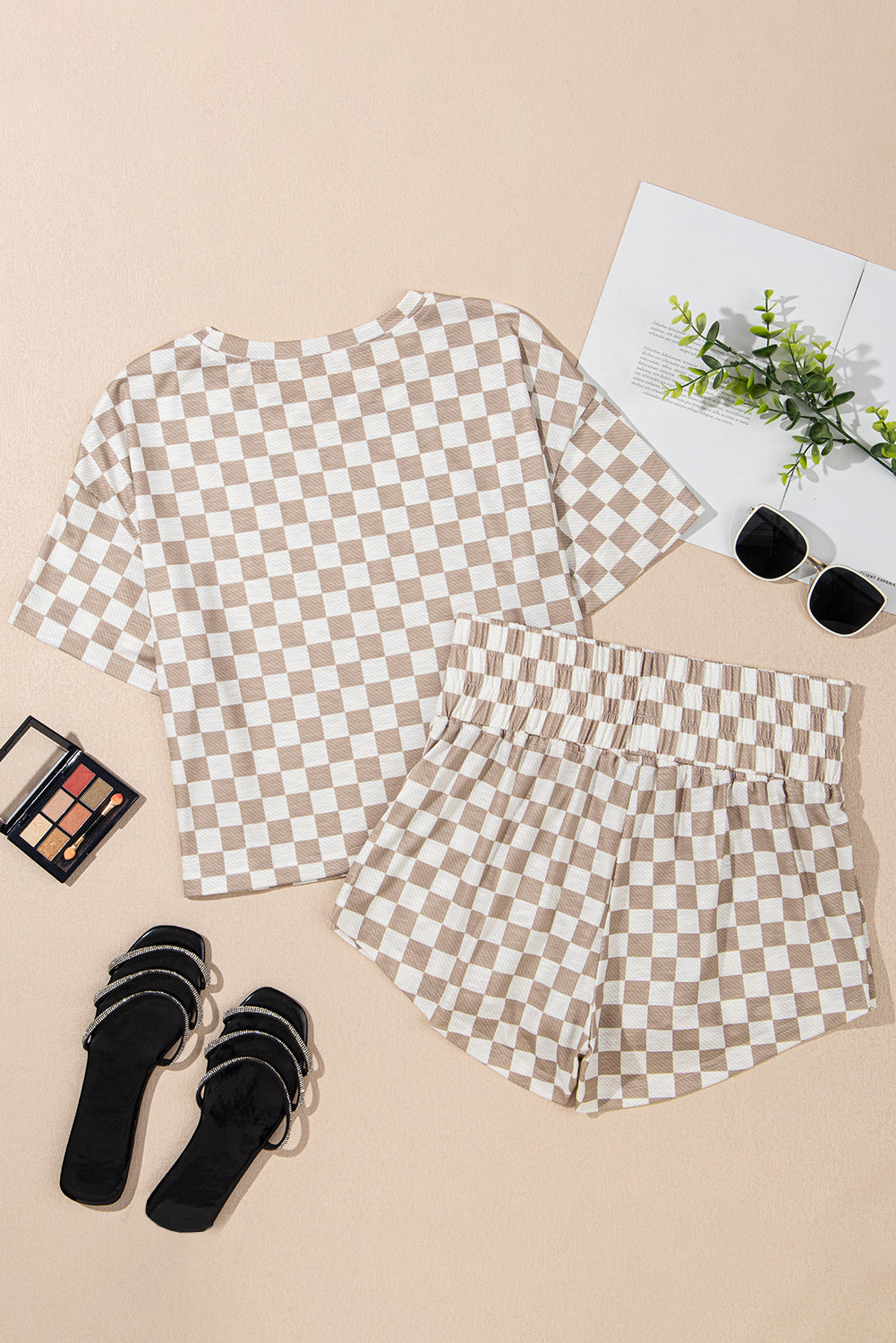 Brown Checkerboard T Shirt and High Waist Skorts 2 Piece Outfit Short Sets JT's Designer Fashion