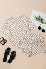 Brown Checkerboard T Shirt and High Waist Skorts 2 Piece Outfit Short Sets JT's Designer Fashion